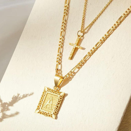 Personalised Copper Adjustable Layered Necklace Set(4PCS) - Custom A-Z Initial Letter Square + Cross Pendant & Double Cross Pendant Stacking Combo.