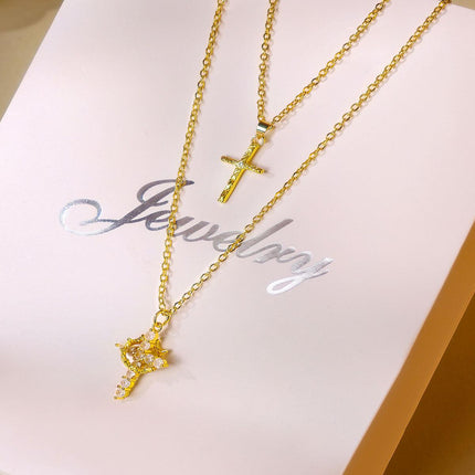 Personalised Copper Adjustable Layered Necklace Set(4PCS) - Custom A-Z Initial Letter Square + Cross Pendant & Double Cross Pendant Stacking Combo.