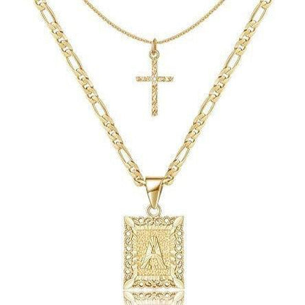Personalised Copper Adjustable Layered Necklace Set(4PCS) - Custom A-Z Initial Letter Square + Cross Pendant & Double Cross Pendant Stacking Combo.