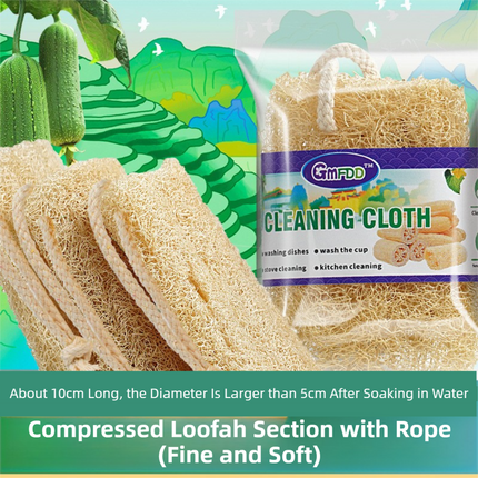 4-Pack Premium Soft Square Natural Loofah Segment Scrubber With Hanging Rope - Zero Waste Kitchen & Bath Loofah (Expands to >5cm Diameter & L 10CM).