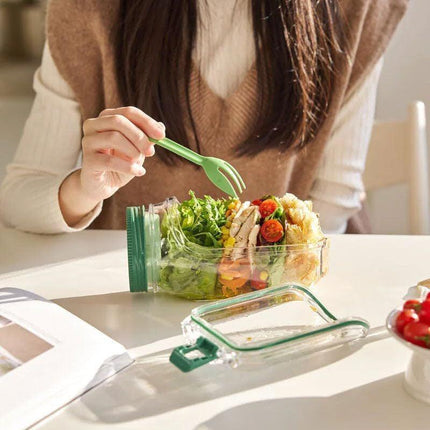 Green Portable All-in-One Side-Opening Salad Container Jar with Fork(10.5x19CM) - Plastic Layered Meal Storage Cup for Kitchen & On-the-Go.