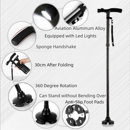 Folding LED Walking Cane with Dual Handle - Adjustable(88-98CM), Anti-Slip 4-Prong Base, and Stand-Up Function for Seniors.