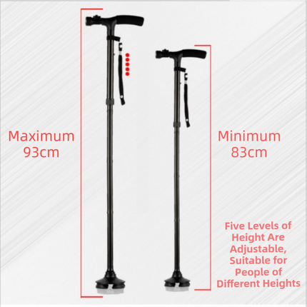 Folding LED Walking Cane with Dual Handle - Adjustable(88-98CM), Anti-Slip 4-Prong Base, and Stand-Up Function for Seniors.