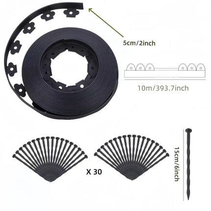 Black L-Shape PE Landscape Edging Roll Kit (5CM Height x 10M Long) - Anti-Root Lawn & Garden Divider with 30 Ground Stakes.