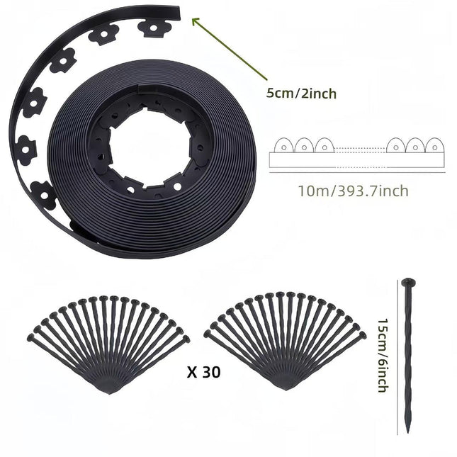 Black L-Shape PE Landscape Edging Roll Kit (5CM Height x 10M Long) - Anti-Root Lawn & Garden Divider with 30 Ground Stakes.