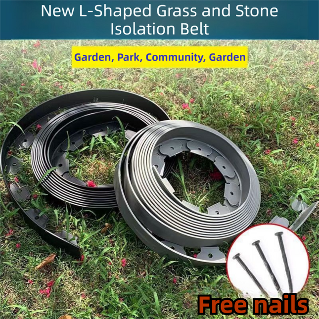 Black L-Shape PE Landscape Edging Roll Kit (5CM Height x 10M Long) - Anti-Root Lawn & Garden Divider with 30 Ground Stakes.