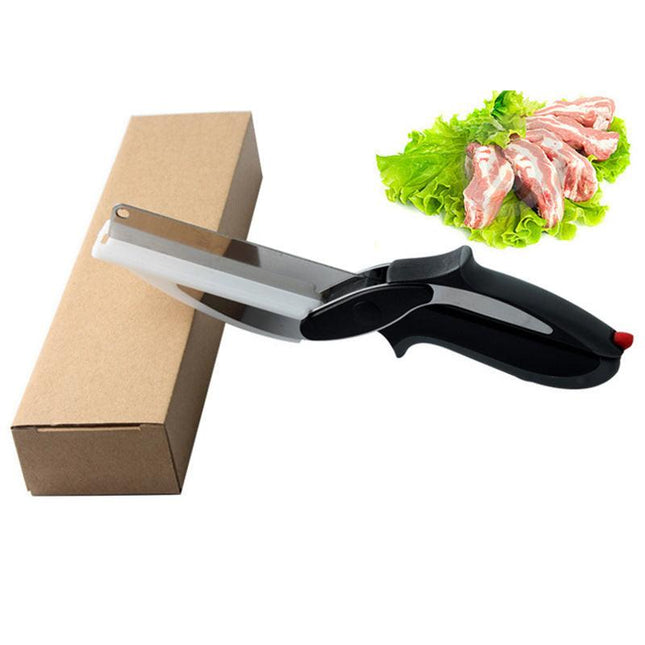 2-in-1 Ingenious Cutter Food Chopper & Scissor for Kitchen Versatile Use - 420 Stainless Steel Blade & Cutting Board Base,  with Safety Lock.