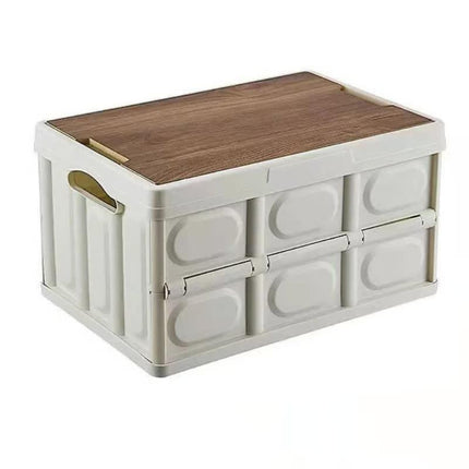 White Collapsible Small Standard Storage Box with Wooden Table Top(39x27x21CM) - Car Trunk Organiser for Australian Camping & Home Use.