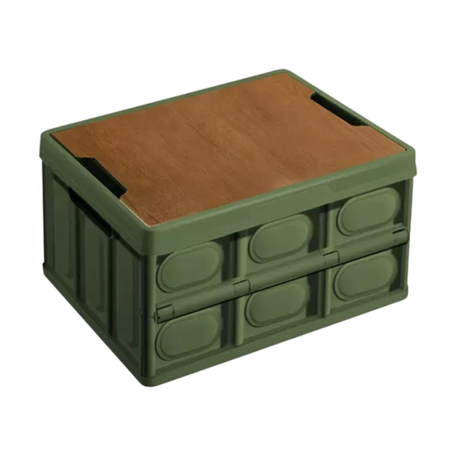 Green Collapsible Medium Standard Storage Box with Wooden Table Top(42x28x23CM) - Car Trunk Organiser for Australian Camping & Home Use.