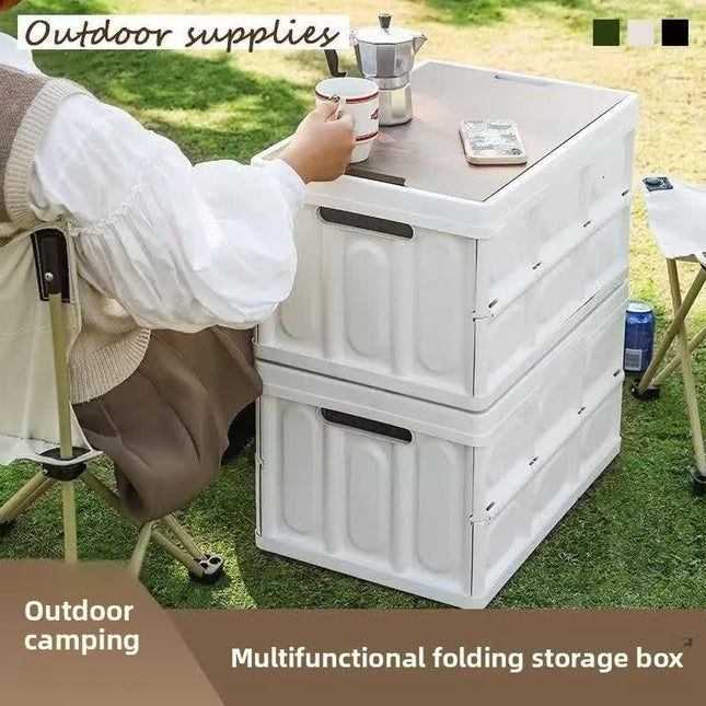 Green Collapsible Medium Standard Storage Box with Wooden Table Top(42x28x23CM) - Car Trunk Organiser for Australian Camping & Home Use.