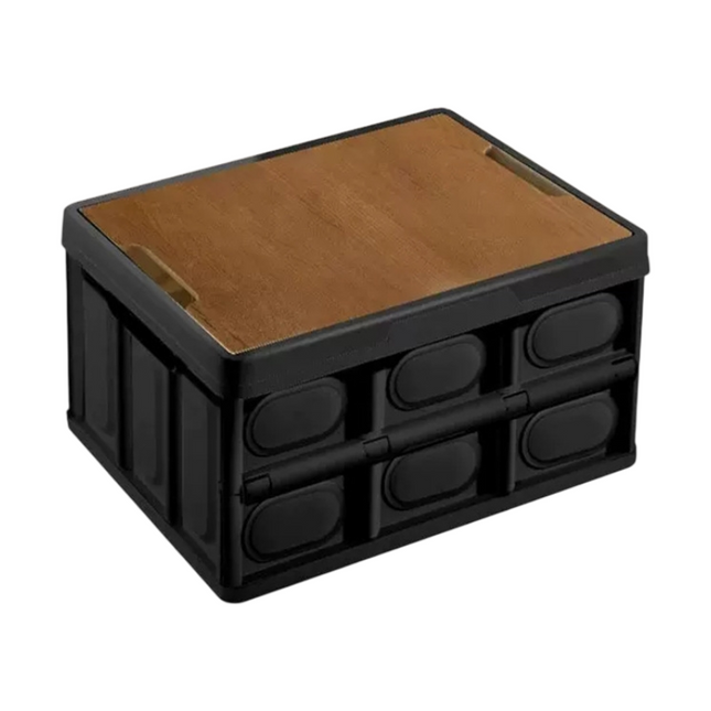 Black Collapsible Medium Standard Storage Box with Wooden Table Top(42x28x23CM) - Car Trunk Organiser for Australian Camping & Home Use.