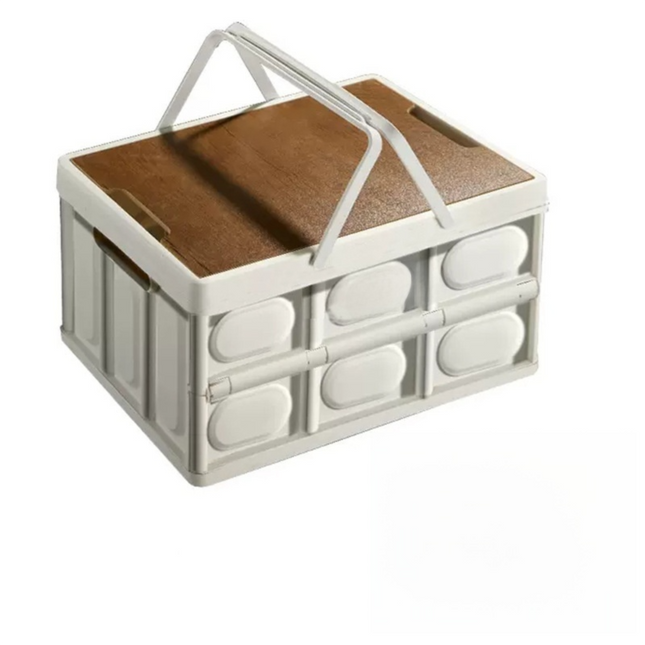 White Collapsible Medium Handle Storage Box with Wooden Table Top(42x28x23CM) - Car Trunk Organiser for Australian Camping & Home Use.