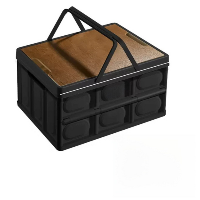 Black Collapsible Medium Handle Storage Box with Wooden Table Top(42x28x23CM) - Car Trunk Organiser for Australian Camping & Home Use.