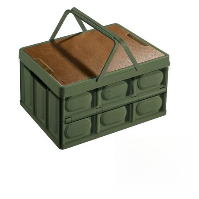 Green Collapsible Medium Handle Storage Box with Wooden Table Top(42x28x23CM) - Car Trunk Organiser for Australian Camping & Home Use.