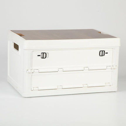 White Collapsible Medium Side-Open Storage Box with Wooden Table Top(42x28x23CM) - Car Trunk Organiser for Australian Camping & Home Use.
