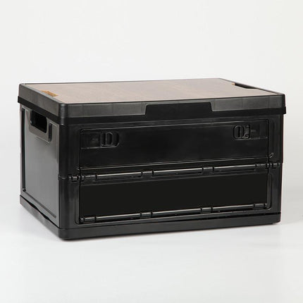Black Collapsible Medium Side-Open Storage Box with Wooden Table Top(42x28x23CM) - Car Trunk Organiser for Australian Camping & Home Use.