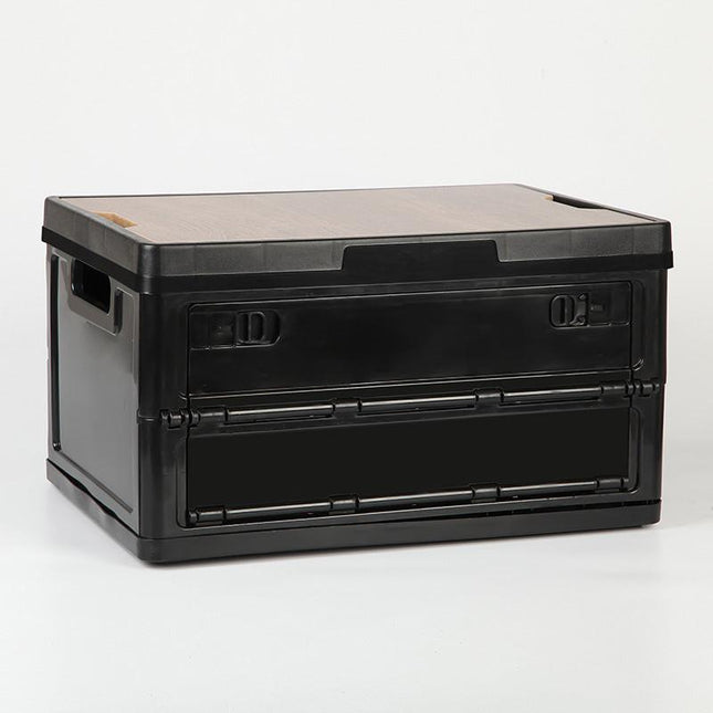 Black Collapsible Medium Side-Open Storage Box with Wooden Table Top(42x28x23CM) - Car Trunk Organiser for Australian Camping & Home Use.
