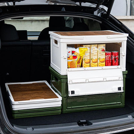 Black Collapsible Medium Side-Open Storage Box with Wooden Table Top(42x28x23CM) - Car Trunk Organiser for Australian Camping & Home Use.