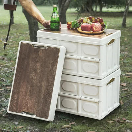 Black Collapsible Medium Side-Open Storage Box with Wooden Table Top(42x28x23CM) - Car Trunk Organiser for Australian Camping & Home Use.