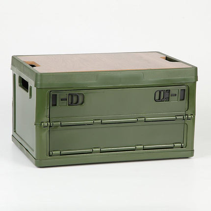 Green Collapsible Medium Side-Open Storage Box with Wooden Table Top(42x28x23CM) - Car Trunk Organiser for Australian Camping & Home Use.