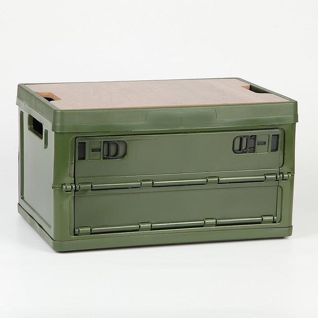 Green Collapsible Medium Side-Open Storage Box with Wooden Table Top(42x28x23CM) - Car Trunk Organiser for Australian Camping & Home Use.