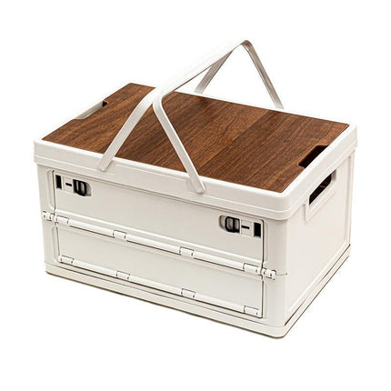 White Collapsible Medium Side-Open Handle Storage Box with Wooden Table Top(42x28x23CM) - Car Trunk Organiser for Australian Camping & Home Use.