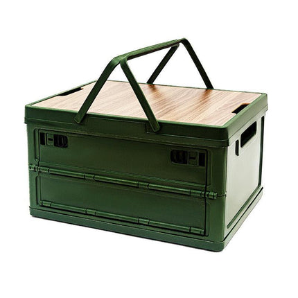 Green Collapsible Medium Side-Open Handle Storage Box with Wooden Table Top(42x28x23CM) - Car Trunk Organiser for Australian Camping & Home Use.