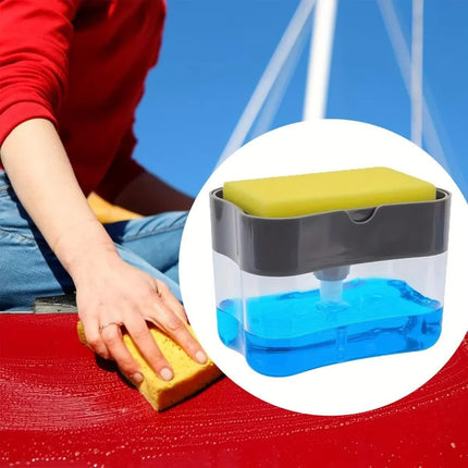 2-Pack Grey Kitchen Press-Type Dish Soap Dispenser & Sponge Caddy - 2-in-1 Automatic Liquid Pump for Dish Scrubbers & Scouring Pads.