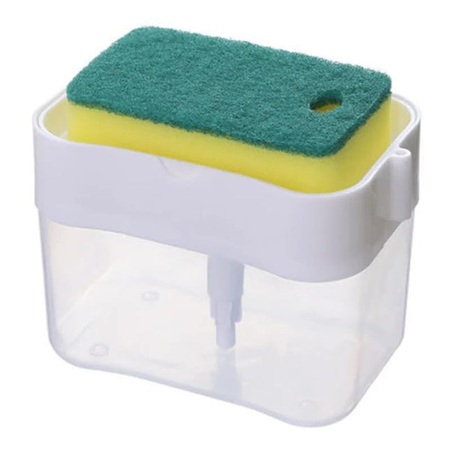 2-Pack White Kitchen Press-Type Dish Soap Dispenser & Sponge Caddy - 2-in-1 Automatic Liquid Pump for Dish Scrubbers & Scouring Pads.