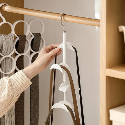 2-Pack White 360 Degree Rotating 4-Tier Closet Organiser Hook - Multi-Functional Bag Hanger, Tie & Belt Rack for Wardrobe Storage.