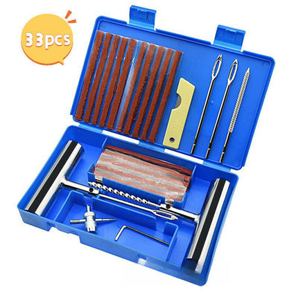 A 33-piece set Blue Heavy-Duty Tubeless Tyre Repair Kit - Emergency Puncture Plug Set for Cars, Motorcycles & ATVs.