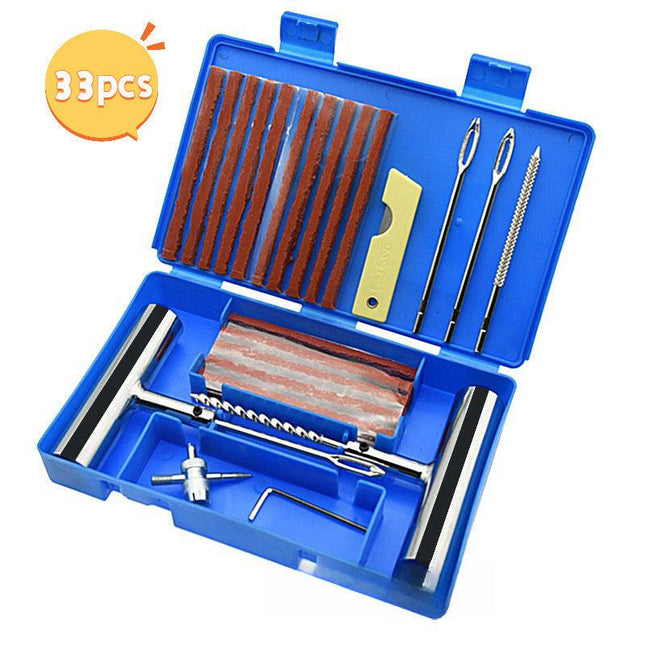 A 33-piece set Blue Heavy-Duty Tubeless Tyre Repair Kit - Emergency Puncture Plug Set for Cars, Motorcycles & ATVs.