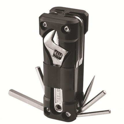 Black Compact 16-in-1 Bicycle & Motorcycle Repair Multi-Tool with Adjustable Wrench & Socket Set.