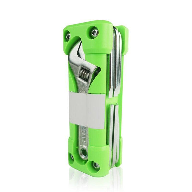 Green Compact 16-in-1 Bicycle & Motorcycle Repair Multi-Tool with Adjustable Wrench & Socket Set.