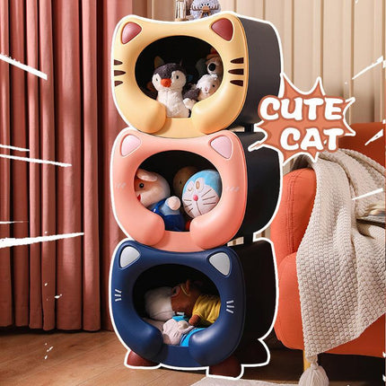 Yellow Cute Cat-Themed Stackable Storage Bin - Multi-purpose Pet Bed & Toy Organizer.