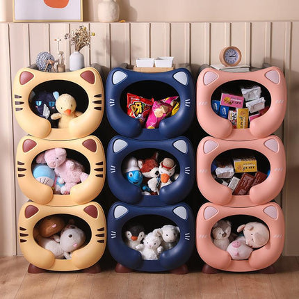 Yellow Cute Cat-Themed Stackable Storage Bin - Multi-purpose Pet Bed & Toy Organizer.