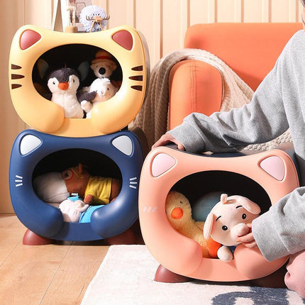 Blue Cute Cat-Themed Stackable Storage Bin - Multi-purpose Pet Bed & Toy Organizer.