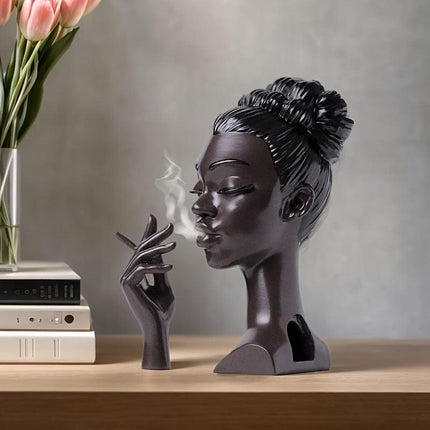 Black Elegant African Woman Head Incense Burner - Creative Desktop Sculpture & Resin Craft.