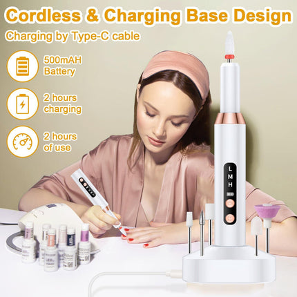 White Cordless Electric Nail Drill Kit - Portable Manicure Pedicure Polisher with 12 Bits.