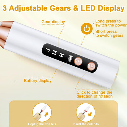 White Cordless Electric Nail Drill Kit - Portable Manicure Pedicure Polisher with 12 Bits.