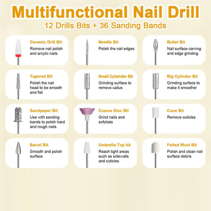 White Cordless Electric Nail Drill Kit - Portable Manicure Pedicure Polisher with 12 Bits.