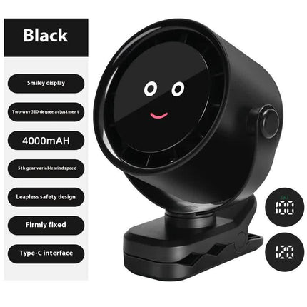 Black Portable Stroller Fan with LED Display - Bladeless Safety Clip-On Fan for Baby & Desk (4000mAh, 360 degree Rotation).
