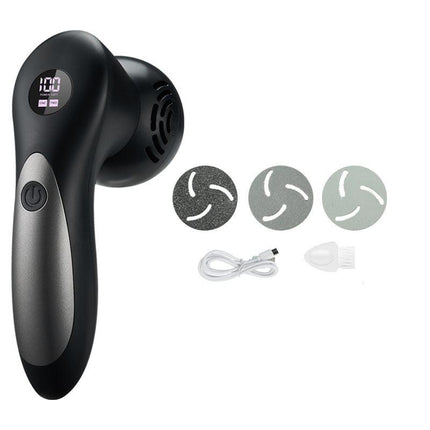 Black Electric Foot Callus Remover with Vacuum - Rechargeable Pedicure Tool with 3 Quartz Grinding Heads & LED Display.
