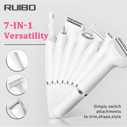 Black 7-in-1 Multifunctional Electric Shaver for Women - USB Rechargeable Painless Hair Removal Epilator with Washable Heads for Face, Body & Eyebrows.