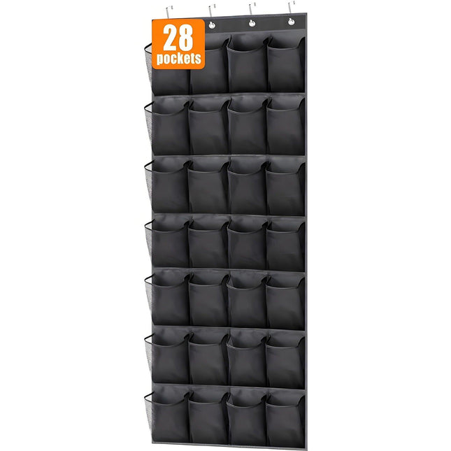 Black 28-Pocket Over-the-Door Shoe Organizer with Breathable Mesh – Wall Hanging Storage Bag for Shoes, Boots, and Accessories.