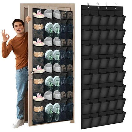 Black 28-Pocket Over-the-Door Shoe Organizer with Breathable Mesh – Wall Hanging Storage Bag for Shoes, Boots, and Accessories.