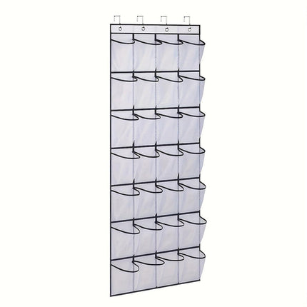 White 28-Pocket Over-the-Door Shoe Organizer with Breathable Mesh – Wall Hanging Storage Bag for Shoes, Boots, and Accessories.