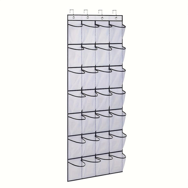 White 28-Pocket Over-the-Door Shoe Organizer with Breathable Mesh – Wall Hanging Storage Bag for Shoes, Boots, and Accessories.