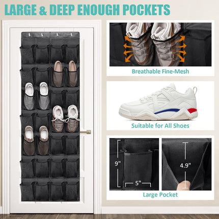White 28-Pocket Over-the-Door Shoe Organizer with Breathable Mesh – Wall Hanging Storage Bag for Shoes, Boots, and Accessories.