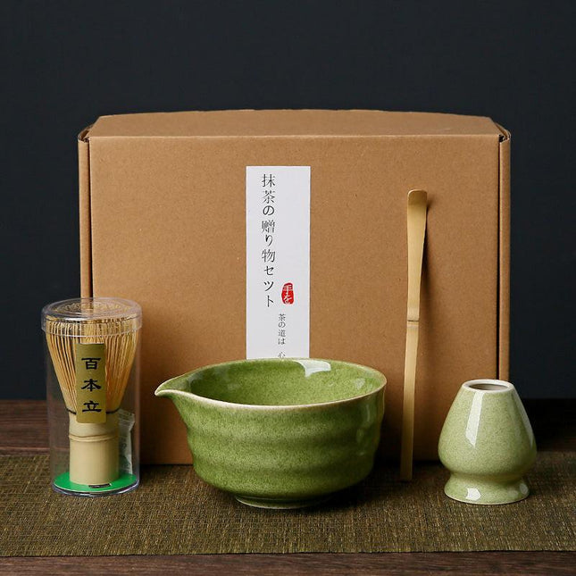 Deep matcha green Complete Matcha Tea Ceremony Set - 4-Piece Japanese Traditional Whisk, Bowl, Whisk Holder & Scoop for Authentic Preparation at Home.